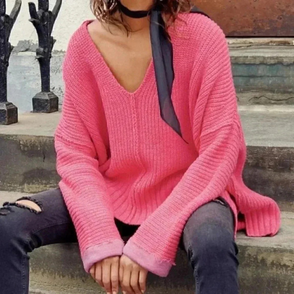 Free People Pink Take Me Over V-Neck Sweater - Picture 2 of 8